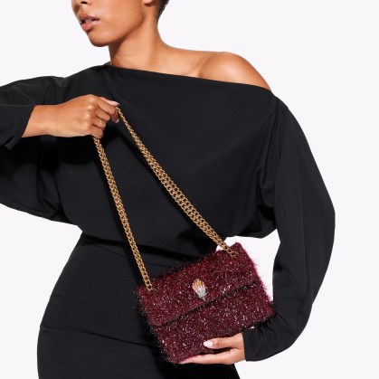 Kurt Geiger London mini tinsel kensington bag in Wine | glamorous chain strap shoulder bags | glittering textured crossbody | luxe style handbag