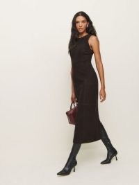 Reformation Veda Kendi Leather Dress in Mole Suede ~ brown sleeveless fitted midi dresses ~ chic minimalist clothing ~ luxury fashion