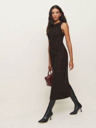 Reformation Veda Kendi Leather Dress in Mole Suede ~ brown sleeveless fitted midi dresses ~ chic minimalist clothing ~ luxury fashion