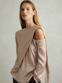 REISS Lauren Off-The-Shoulder Drape Top in Blush – contemporary fashion – asymmetric long sleeve tops