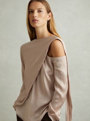 REISS Lauren Off-The-Shoulder Drape Top in Blush – contemporary fashion – asymmetric long sleeve tops