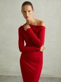 REISS Becky Off-The-Shoulder Jersey Midi Dress in Red ~ chic asymmetric neckline occasion dresses