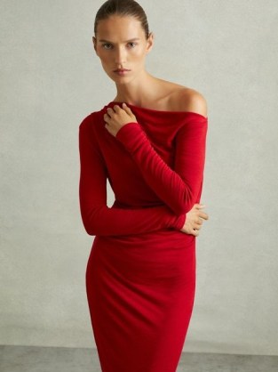 REISS Becky Off-The-Shoulder Jersey Midi Dress in Red ~ chic asymmetric neckline occasion dresses