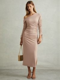 REISS Cyra Off-The-Shoulder Ruched Jersey Midi Dress in Blush ~ chic pale pink gathered detail occasion dresses ~ sophisticated asymmetric evening clothing