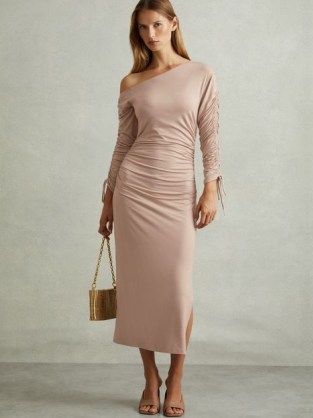 REISS Cyra Off-The-Shoulder Ruched Jersey Midi Dress in Blush ~ chic pale pink gathered detail occasion dresses ~ sophisticated asymmetric evening clothing