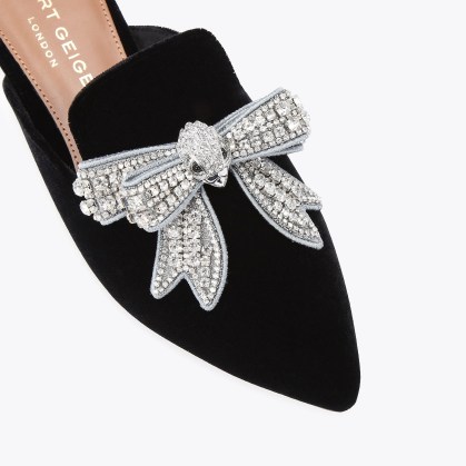 Kurt Geiger London olive bow slide in black | luxe embellished velvet and crystal mule flats | luxury pointed toe slides