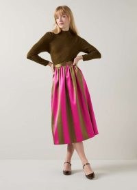 L.K. BENNETT Olsen Olive & Magenta Skirt ~ pink and green striped midi skirts ~ luxury occasion clothes