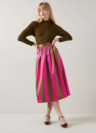 L.K. BENNETT Olsen Olive & Magenta Skirt ~ pink and green striped midi skirts ~ luxury occasion clothes