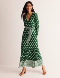 Boden Ophelia Wrap Midi Jersey Dress Pine, Ornate Stamp – chic green printed long sleeve tie waist dresses