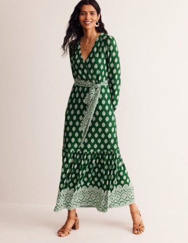 Boden Ophelia Wrap Midi Jersey Dress Pine, Ornate Stamp – chic green printed long sleeve tie waist dresses