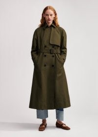 me and em Oversized Cotton Trench Coatin deep autumn olive ~ women’s dark green belted water resistant longline coats