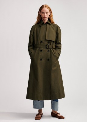 me and em Oversized Cotton Trench Coatin deep autumn olive ~ women’s dark green belted water resistant longline coats