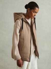 REISS Farley Padded Hooded Gilet in Camel ~ women’s light brown gilets ~ womens casual sleeveless autumn jackets