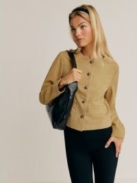 Reformation Veda Reed Jacket in Parmesan Suede – luxe collarless button up jackets