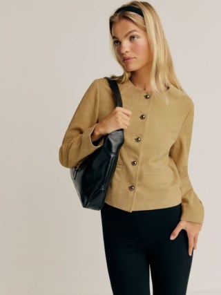 Reformation Veda Reed Jacket in Parmesan Suede – luxe collarless button up jackets