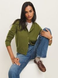 Reformation Clara Cashmere Crew Cardigan in Pear – women’s green cardigans