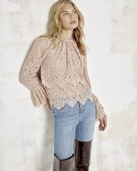 RIVER ISLAND Pink lace frill detail blouse ~ semi sheer frilled blouses