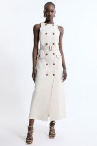 KAREN MILLEN Ponte Button Detail Belted Midaxi Dress in Cream ~ chic sleeveless straight fit dresses