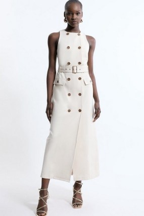 KAREN MILLEN Ponte Button Detail Belted Midaxi Dress in Cream ~ chic sleeveless straight fit dresses