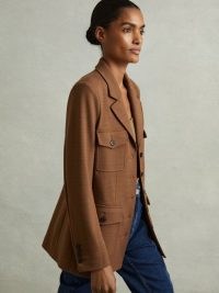 REISS Jessie Ponte Button-Through Overshirt in Dark Camel ~ women’s smart brown utility style overshirts