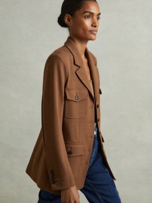 REISS Jessie Ponte Button-Through Overshirt in Dark Camel ~ women’s smart brown utility style overshirts