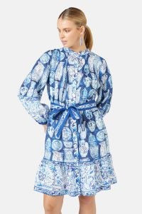 gorman x Tara Whalley Porcelain Paradise Party Dress – women’s printed blue and white linen tie waist dresses