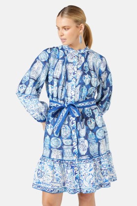 gorman x Tara Whalley Porcelain Paradise Party Dress – women’s printed blue and white linen tie waist dresses