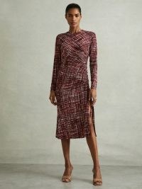 REISS Riyo Printed Ruched Midi Dress in Red ~ chic gathered detail dresses