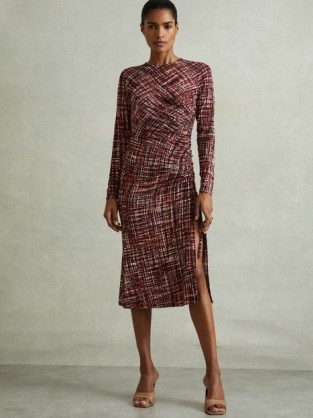 REISS Riyo Printed Ruched Midi Dress in Red ~ chic gathered detail dresses