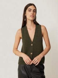 JIGSAW Pure Cotton Knitted Waistcoat Khaki / women’s green knit waistcoats / womens button up tank top / relaxed tanks