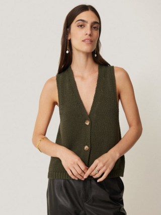 JIGSAW Pure Cotton Knitted Waistcoat Khaki / women’s green knit waistcoats / womens button up tank top / relaxed tanks