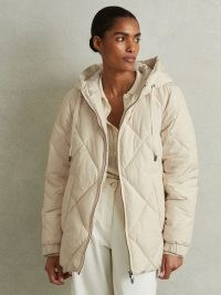 REISS Thea Quilted Puffer Coat in Cream ~ women’s hooded luxe style padded coats