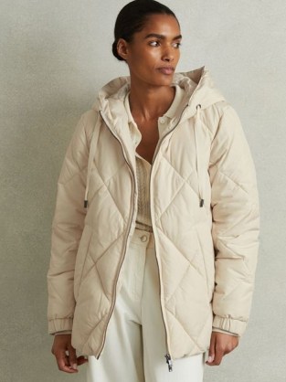 REISS Thea Quilted Puffer Coat in Cream ~ women’s hooded luxe style padded coats