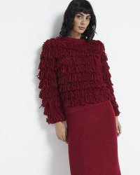 RIVER ISLAND Red knit fringe jumper ~ fringed crew neck jumpers