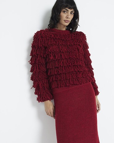 RIVER ISLAND Red knit fringe jumper ~ fringed crew neck jumpers