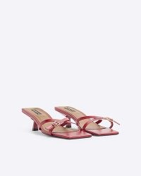 RIVER ISLAND Red leather Cross Strap Kitten Heel Sandals ~ strappy square toe sandal