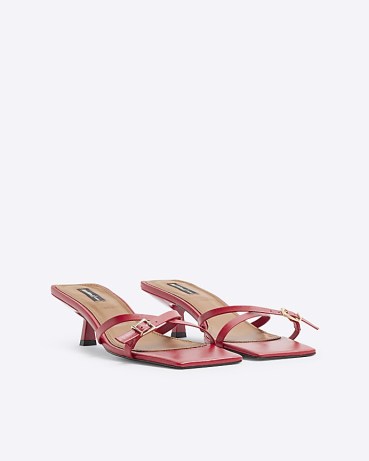 RIVER ISLAND Red leather Cross Strap Kitten Heel Sandals ~ strappy square toe sandal