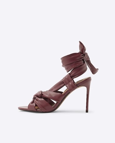 RIVER ISLAND Red twist heeled sandals ~ front knotted ankle tie high heels