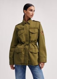 me and em Relaxed Authentic Military Jacket in desert khaki ~ women’s green drawcord waist utility jackets