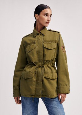 me and em Relaxed Authentic Military Jacket in desert khaki ~ women’s green drawcord waist utility jackets