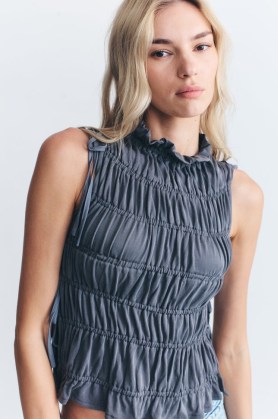 With Jean Remie Top in Grey – sleeveless ruched side tie tops