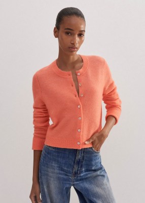 ME and EM Responsible Alpaca Crop Cardigan in Neon Peach | luxe knitwear | beautiful knits | womens cropped crew neck cardigans