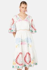 boden Romance Anglaise Dress – women’s white embroidered wide sleeve flared hem dresses