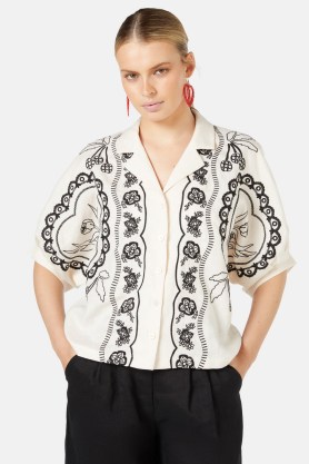 boden Romance Anglaise Shirt – womens floral embroidered linen balloon sleeve shirts