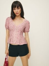 The Reformation Minette Top in Rosin ~ fitted pink floral print puff sleeve tops