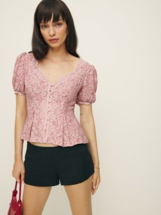 The Reformation Minette Top in Rosin ~ fitted pink floral print puff sleeve tops