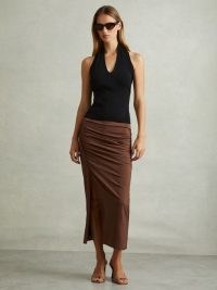 REISS Lisa Ruched Front Split Midi Skirt Chocolate – chic brown side amd back ruched skirts