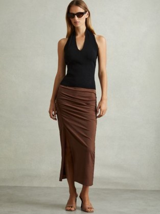 REISS Lisa Ruched Front Split Midi Skirt Chocolate – chic brown side amd back ruched skirts