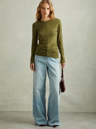 REISS Sierra Ruched Side Crew-Neck Top in Green – fitted long sleeve gathered detail tops