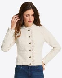 DRAPER JAMES Ruffle Denim Jacket in Magnolia White ~ women’s ruffled cotton jackets